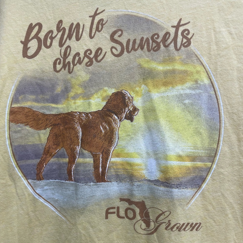 Flo Grown Ladies XL Yellow Tee Shirt. Born to Chase Sunsets Golden Retriever.